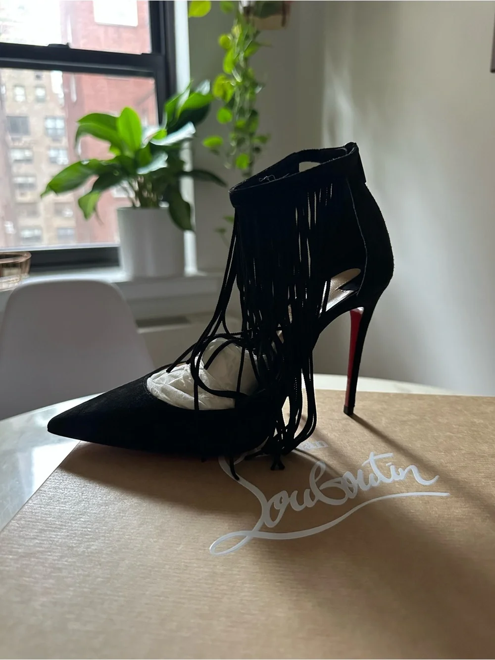 Christian Louboutin Black Suede Fringe Pointed Toe Stiletto Heels - Picture 3 of 12